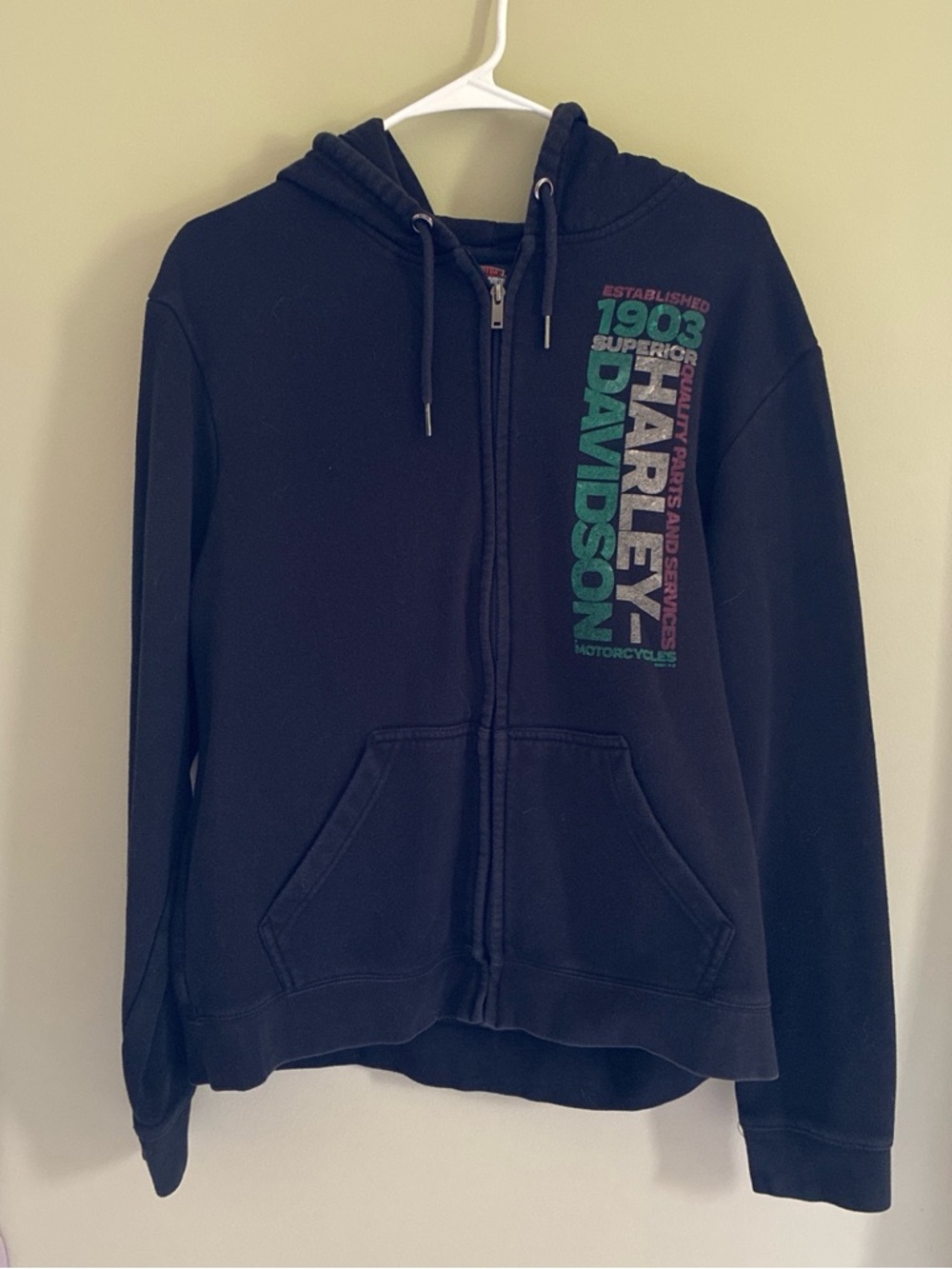 Harley-Davidson Black Zip-Up Hoodie with Green & Purple Vertical Logo